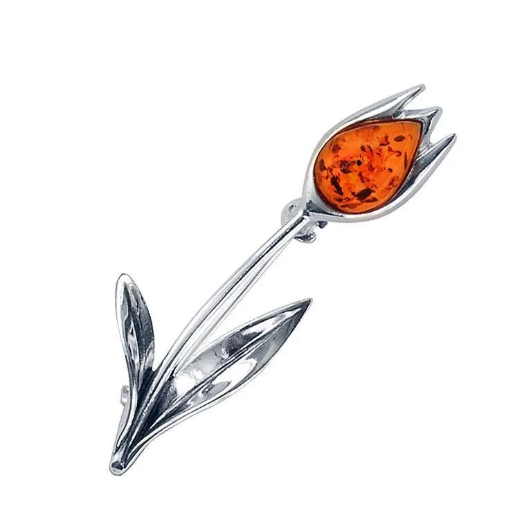 pearl brooches for women -Silver &  Amber Coloured Tulip Brooch - Goldmajor