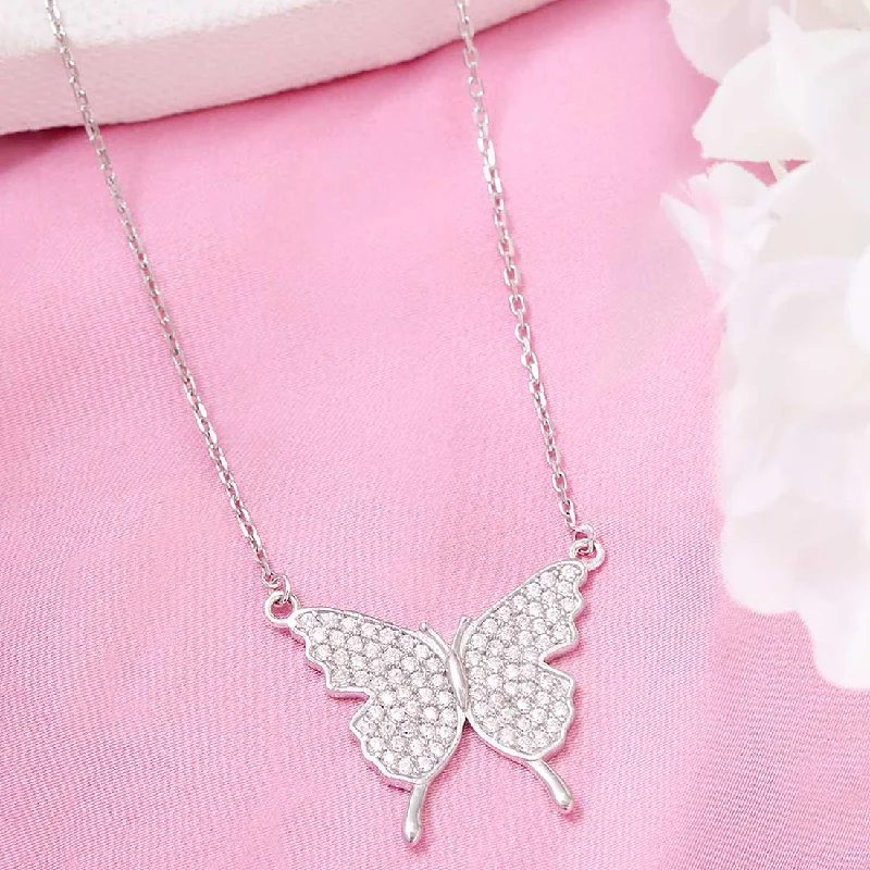 silver bar necklaces for women -Butterfly CZ Rhodium Plated 925 Sterling Silver Necklace