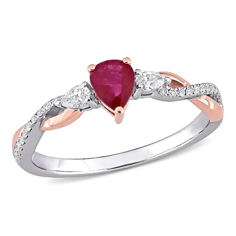 diamond rings for women -Miadora 2/5ct TGW Ruby and 1/5ct TDW Diamond 3-stone Promise Ring in Two-Tone 14k White and Rose Gold