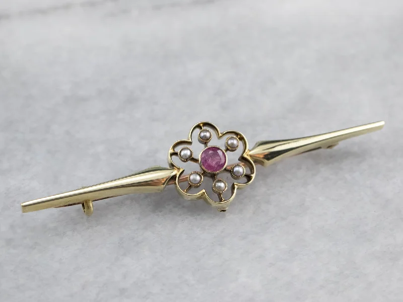 intricate brooches for women -Antique Pink Sapphire Seed Pearl Brooch