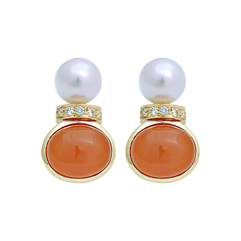 stud earrings for women -Earrings-Cornelian, South Sea Pearl and Diamond