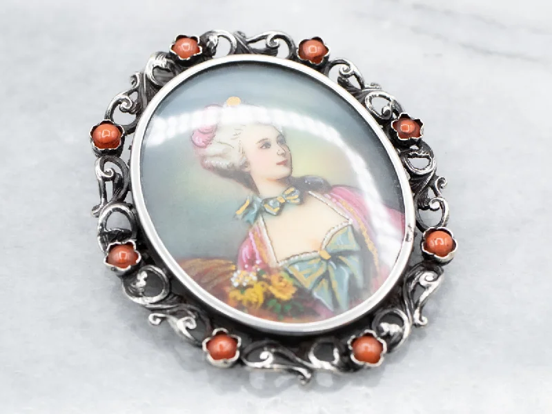 elegant brooches for women -Vintage Coral Painted Portrait Brooch or Pendant