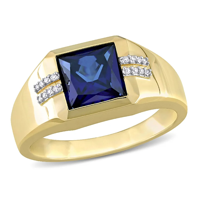 gold plated rings for women -Miadora 3 CT TGW Square Created Blue Sapphire and Diamond Accent Mens Ring in 10k Yellow Gold