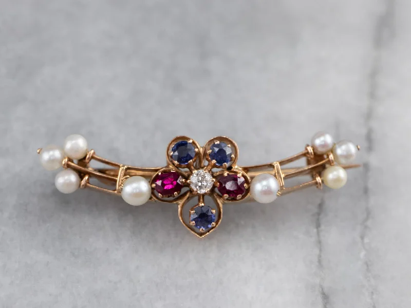 lapel brooches for women -Old Mine Cut Diamond Ruby Sapphire and Pearl Brooch