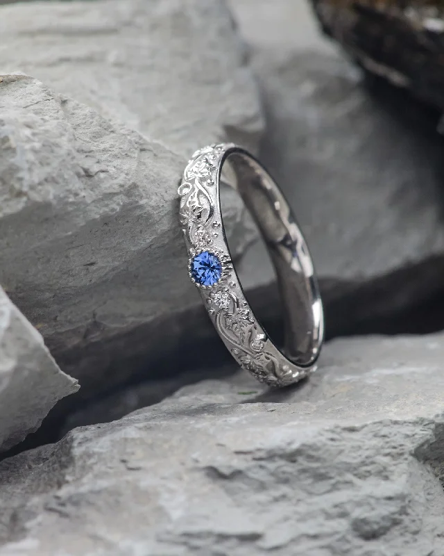 READY TO SHIP: Ivy wedding band in 14K white gold with a blue sapphire and moissanites, RING SIZE 9 US