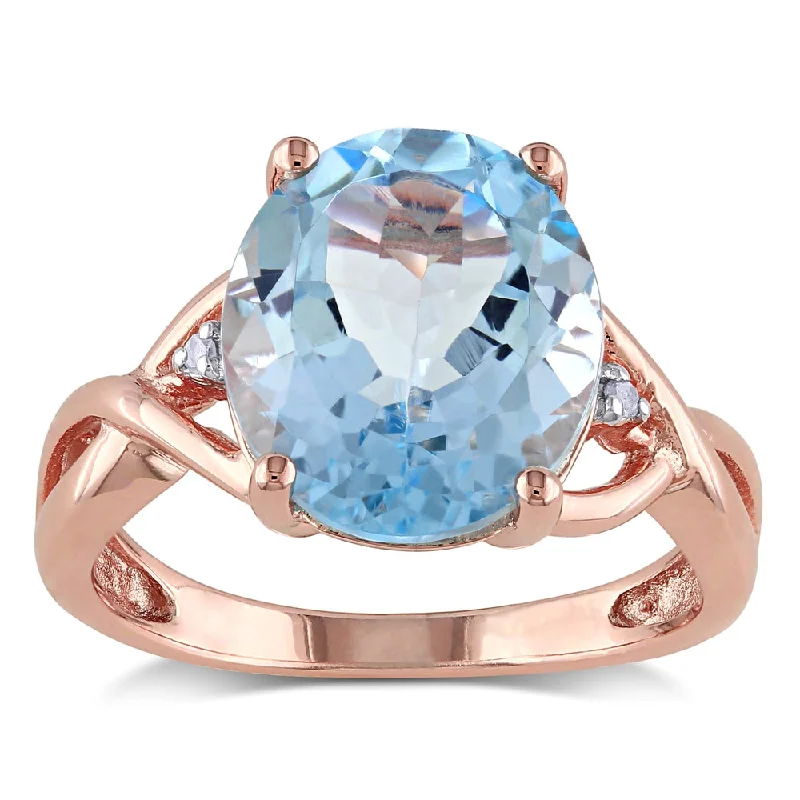 heart-shaped rings for women -Crossover Oval 5 1/2ct TGW Sky Blue Topaz Diamond Cocktail Ring in Rose Plated Sterling Silver by Miadora