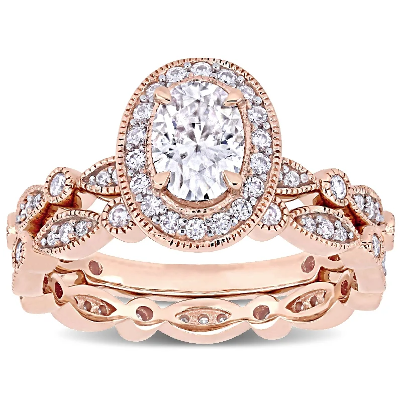 engagement rings for women -Miadora 1 1/2ct DEW Oval-cut Moissanite Halo Vintage Bridal Ring Set in 10k Rose Gold