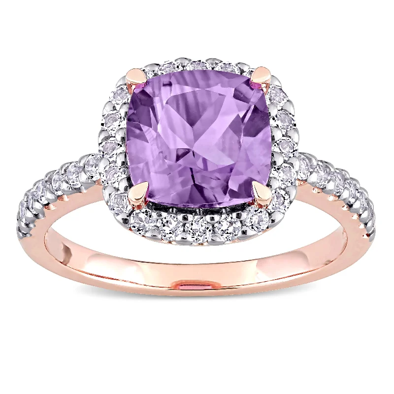 wedding bands with diamonds -Cushion-cut Amethyst and White Topaz Halo Cocktail Ring in 10k Rose Gold by Miadora