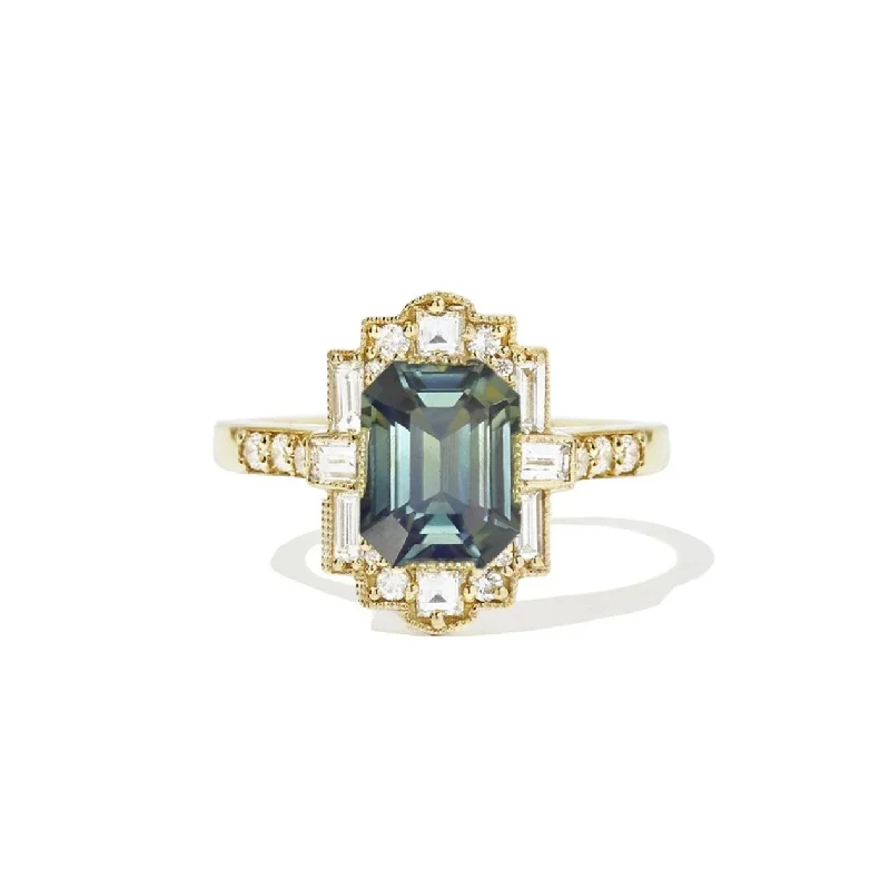 emerald rings for women -Opalescent Teal Sapphire Deco Emerald Cut Diamond Mosaic Ring