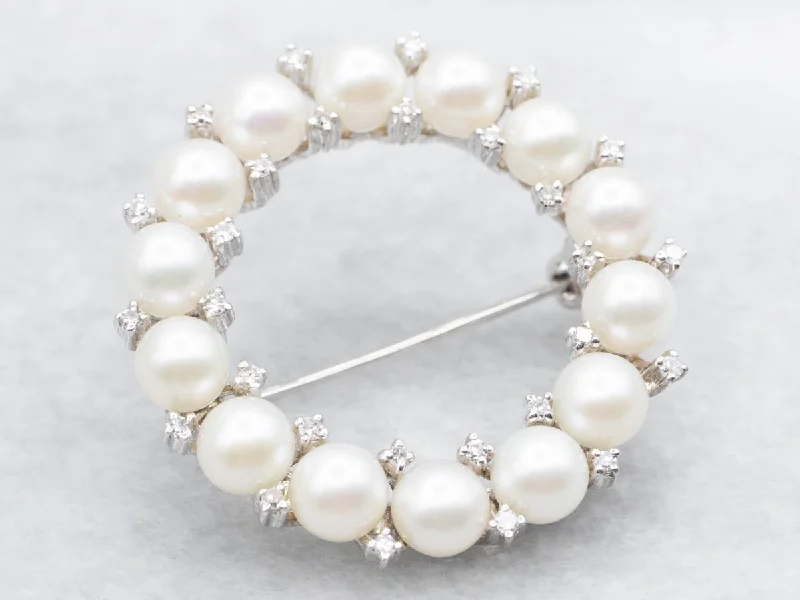 butterfly design brooches -White Gold Saltwater Pearls and Diamond Circle Brooch