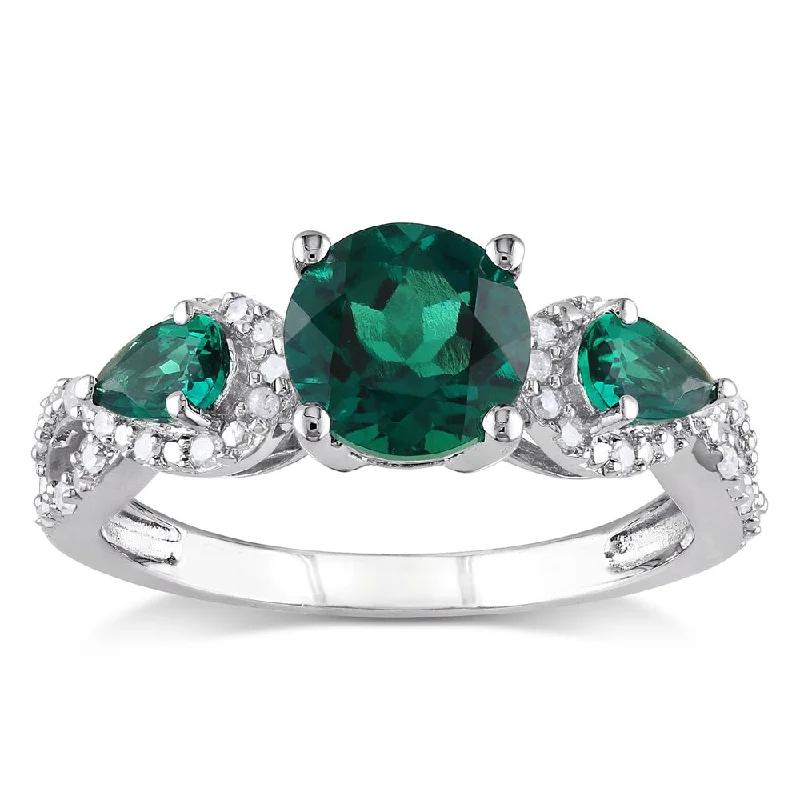 diamond rings for women -Miadora Silver Created Emerald and 1/6ct TDW Diamond 3-stone Ring (H-I, I2-I3)