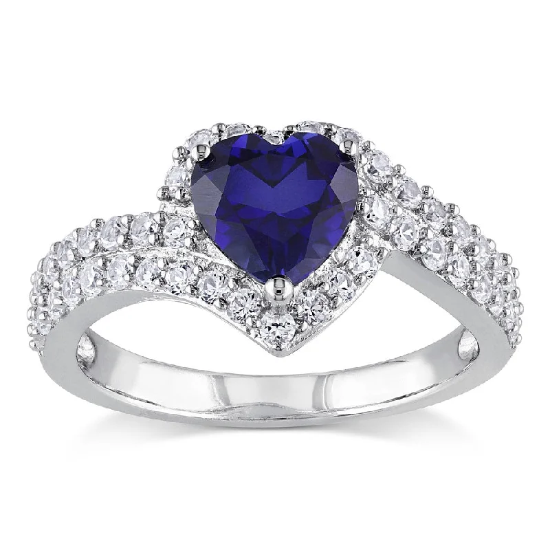 emerald rings for women -Miadora Sterling Silver Created White and Blue Sapphire Heart Halo Crossover Ring