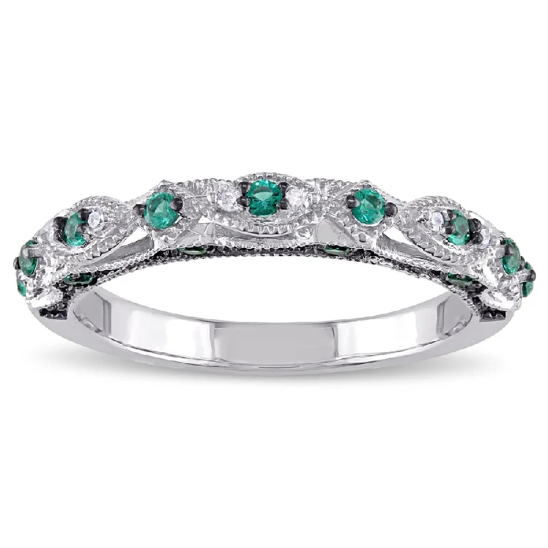 silver rings for women -Miadora 10k White Gold Created Emerald and Diamond Accent Vintage Anniversary Ring - Green