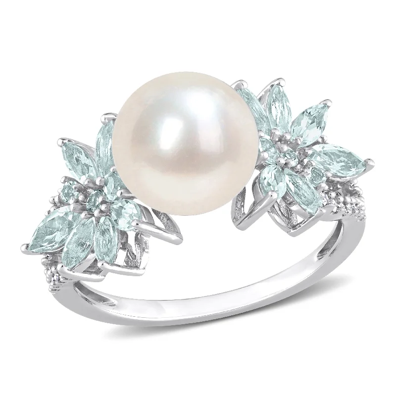 personalized rings for women -Miadora 9-9.5mm Cultured Freshwater Pearl and 3/5ct TGW Aquamarine and 1/8ct TW Diamond Flower Ring in 14k White Gold