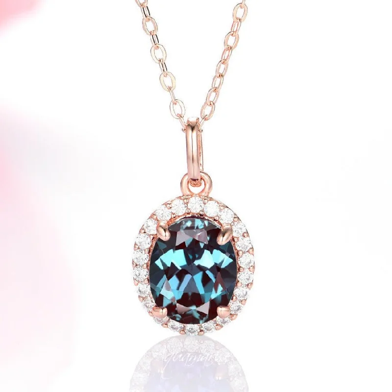 romantic necklaces for women -Iris Halo Oval Alexandrite & Diamond Necklace- 14K Solid Rose Gold