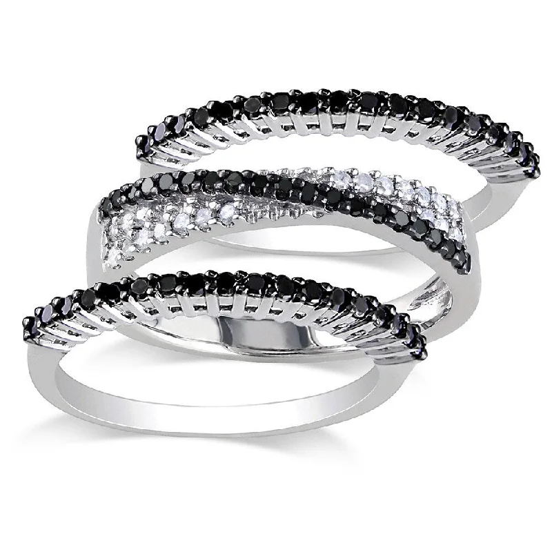 luxury diamond wedding rings -Miadora Sterling Silver 5/8ct TDW Black and White Diamond 3-piece Anniversary Stackable Ring Set