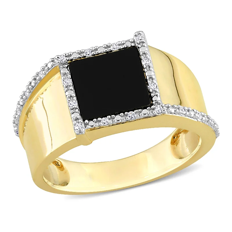 custom engraved rings -Miadora 6 CT TGW Square Black Onyx and 1/10 CT TDW Diamond Mens Ring in 10k Yellow Gold