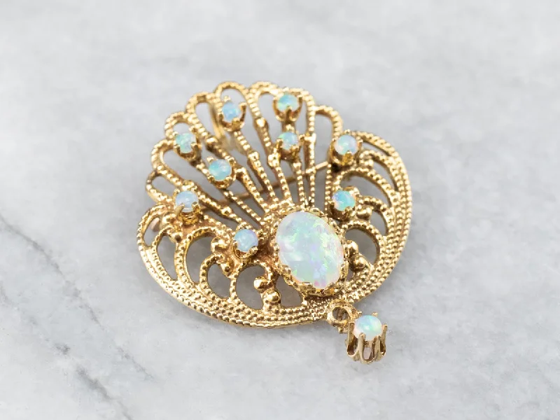 stylish brooches for women -Ornate Opal Gold Filigree Brooch Pendant