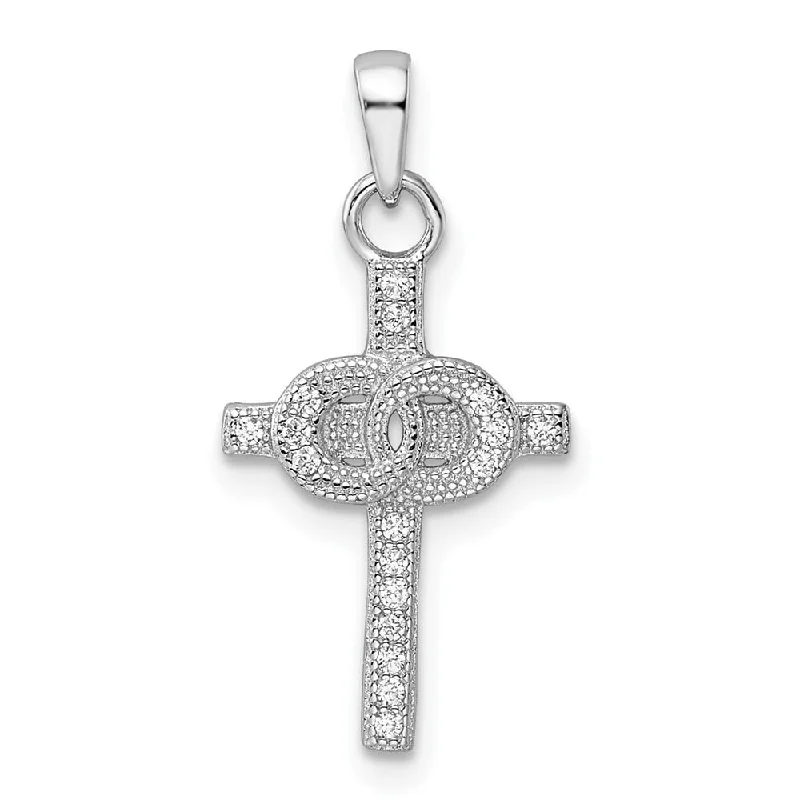 sapphire rings for women -Diamond2Deal 925 Sterling Silver Rhodium-plated Cubic Zirconia Double Rings on Cross Pendant (L-24.84 mm, W-12.08 mm)