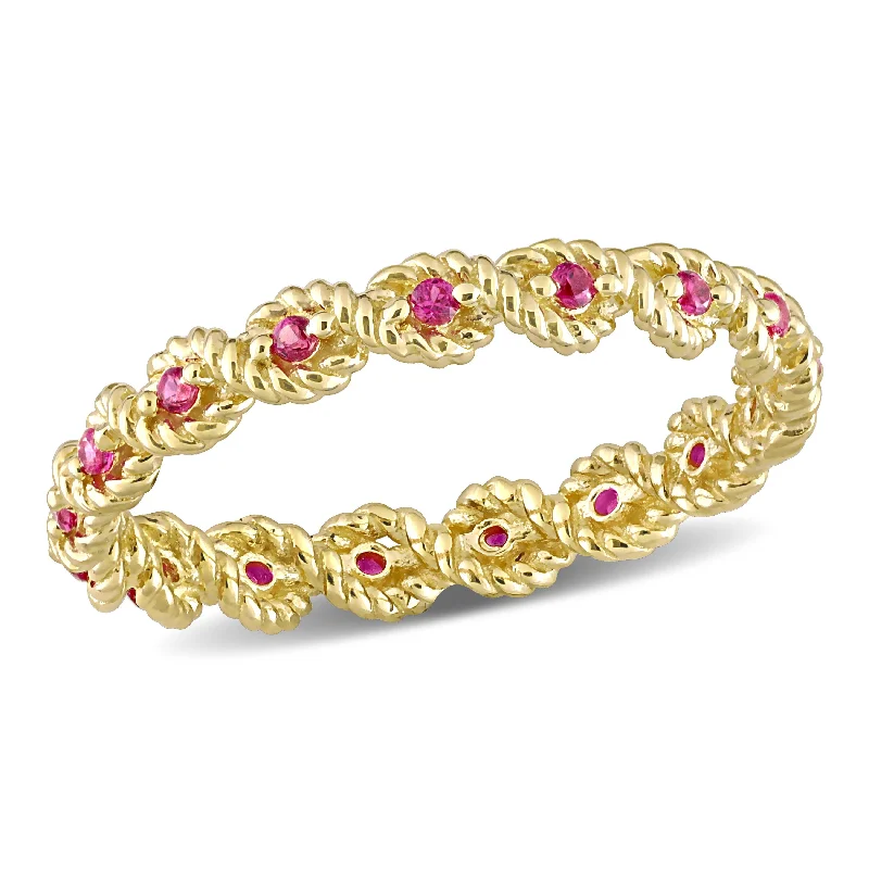 custom rings for women -Miadora 1/4ct TGW Created Ruby Infinity Eternity Ring in 10k Yellow Gold