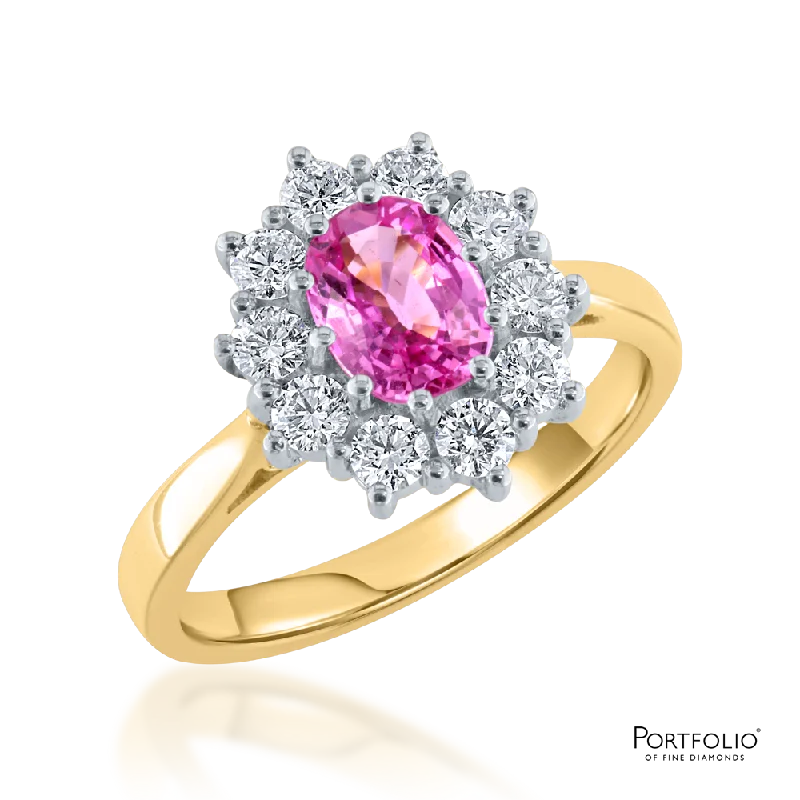 Cluster 0.98ct Pink Sapphire and Diamond Yellow Gold Ring