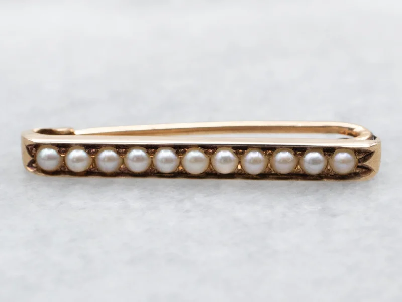 crystal brooches for women -Yellow Gold Seed Pearl Bar Brooch