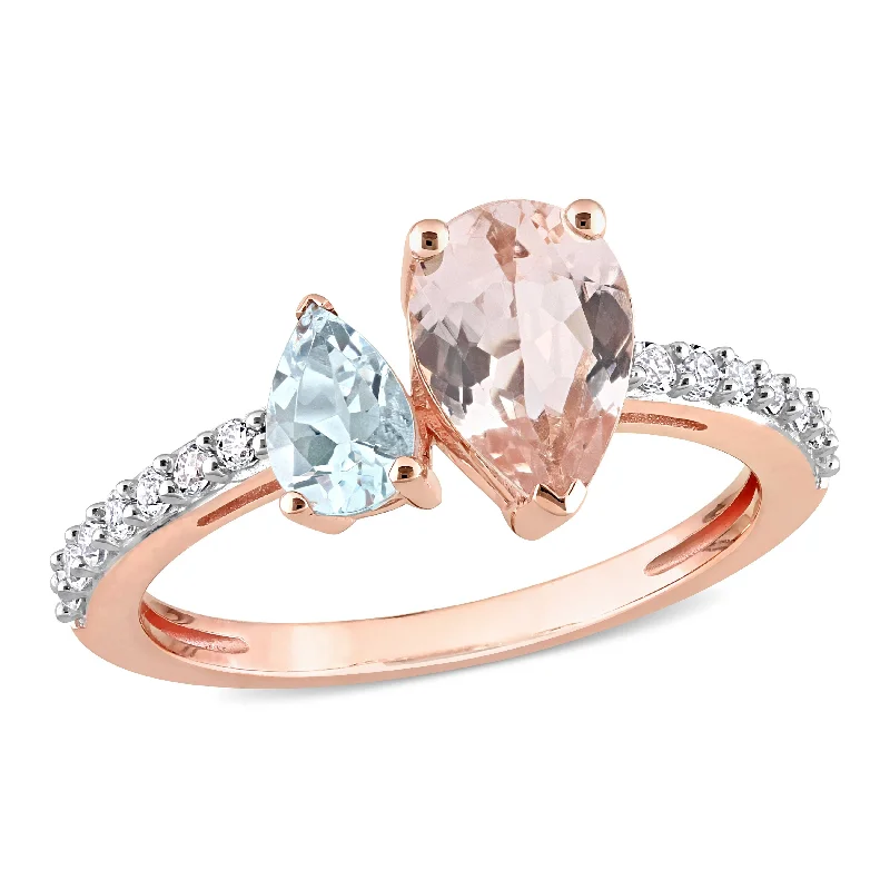 luxury diamond wedding rings -Miadora 2ct TGW Pear Shape Morganite, Aquamarine and White Topaz Ring in 10k Rose Gold