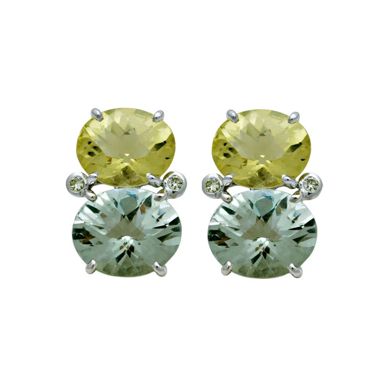 gold earrings for women -Earrings-Green Quartz, Lemon Quartz and Diamond