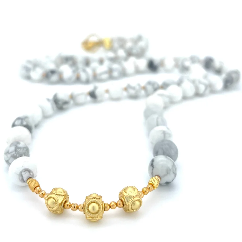 infinity pendant necklaces -LONG White Howlite & Gold BEADED NECKLACE