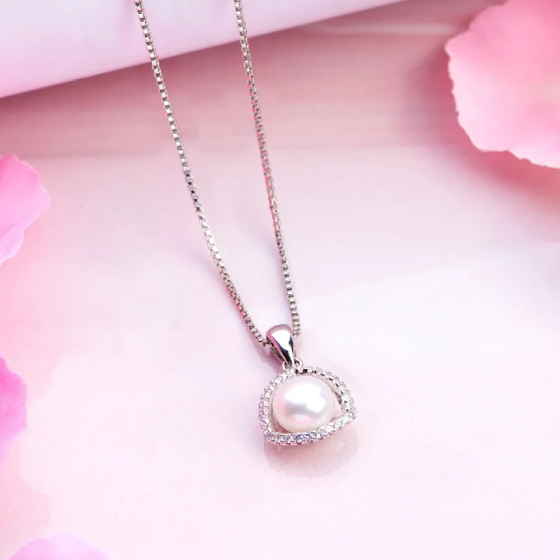 engraved necklaces for women -Abstract Elegance Pearl-CZ Rhodium-Plated 925 Sterling Silver Necklace