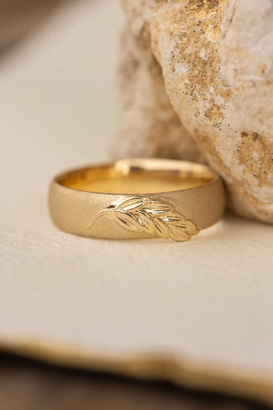 READY TO SHIP:Palm leaf wedding band in 14K yellow gold, sandblast finish, comfort fit 6 mm, RING SIZE 10 US