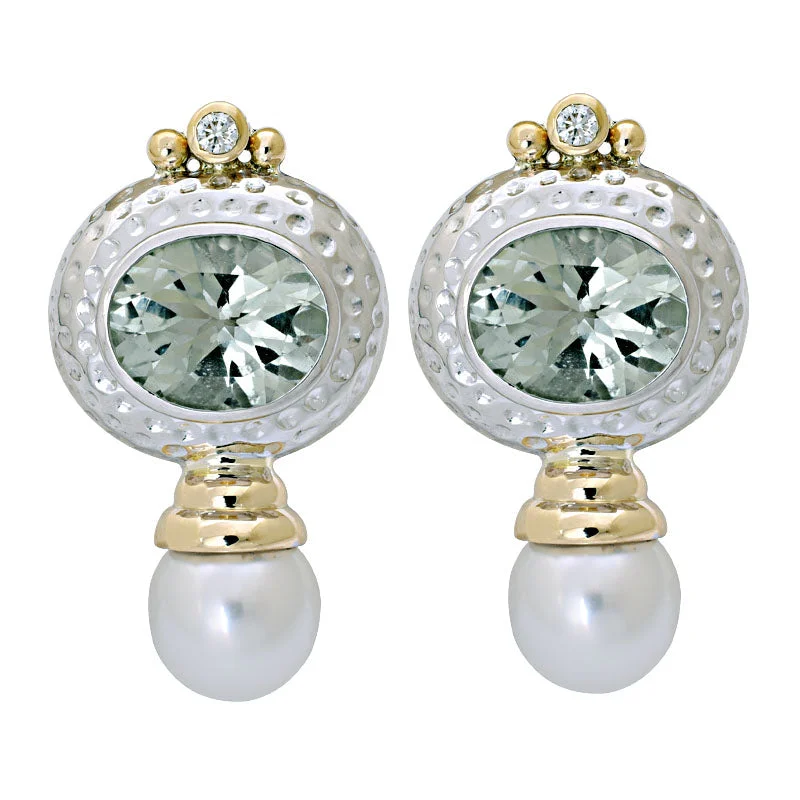 trendy earrings for women -Earrings-Green Quartz, South Sea Pearl and Diamond