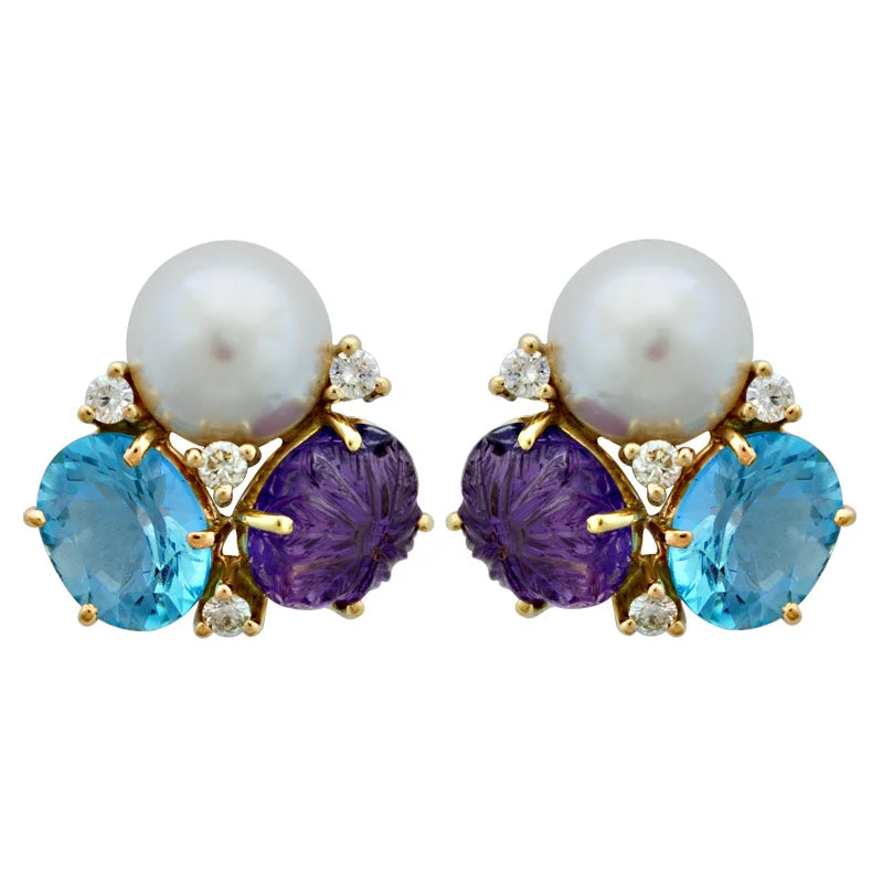 birthstone earrings for women -Earrings-Amethyst, Blue Topaz, Pearl and Diamond