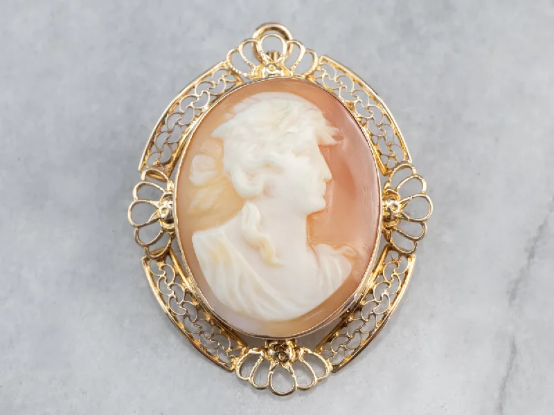 rose gold brooches -Vintage Gold Filigree Cameo Brooch or Pendant