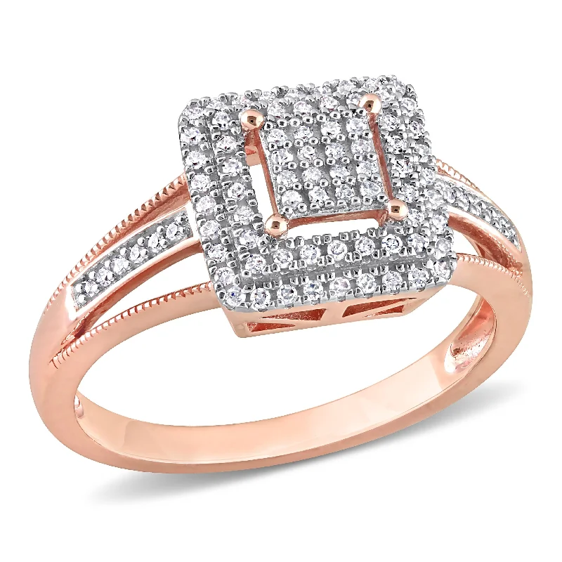 luxury diamond wedding rings -Miadora 1/4ct TDW Diamond Double Halo Square Cluster Split Shank Ring in 10k Rose Gold