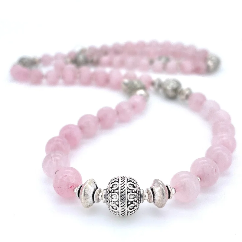 chunky necklaces for women -LONG Rose Quartz & Silver BEADED NECKLACE