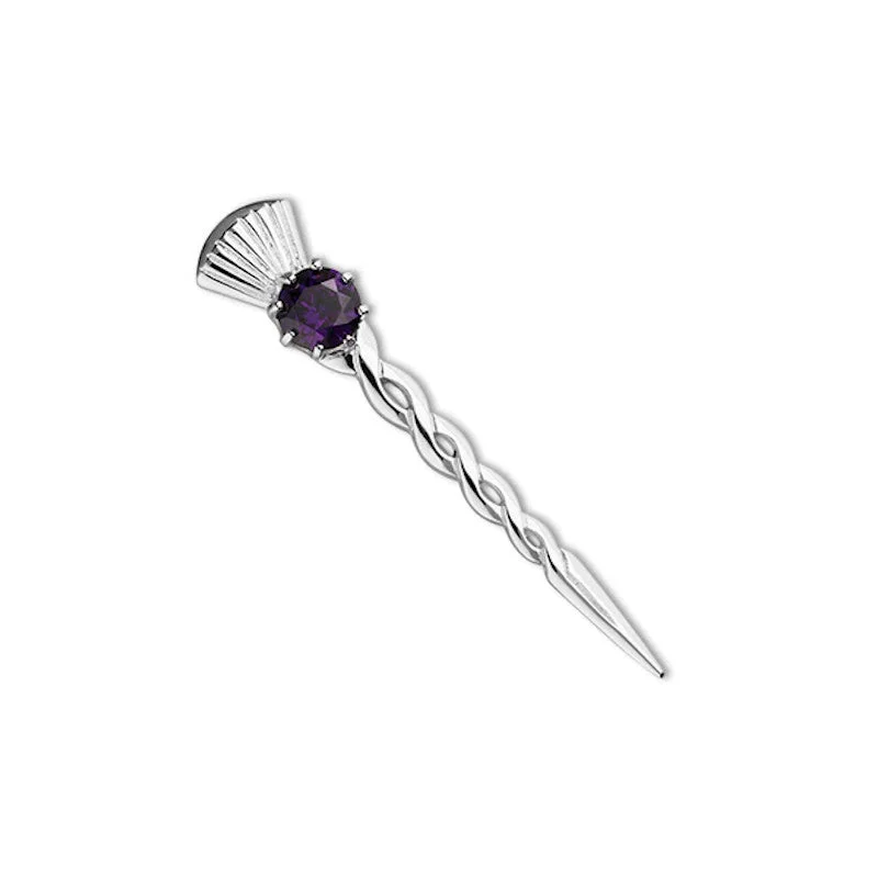 statement brooches for women -Sterling Silver Thistle Kilt Pin With Amethyst - CB35