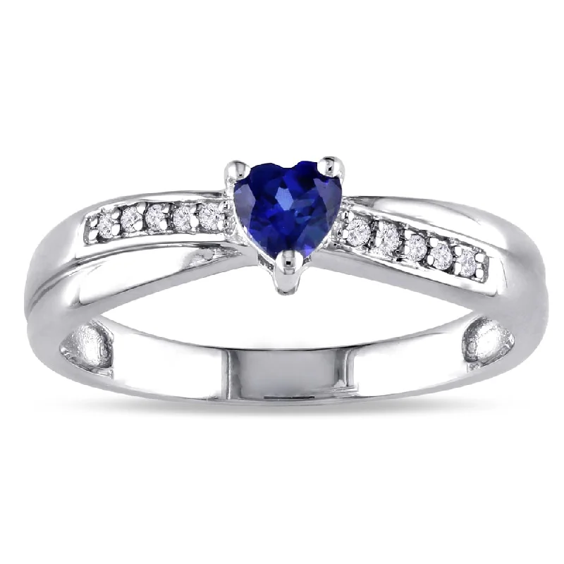 gold rings for women -Miadora Sterling Silver Created Sapphire and Diamond Accent Heart Crossover Ring