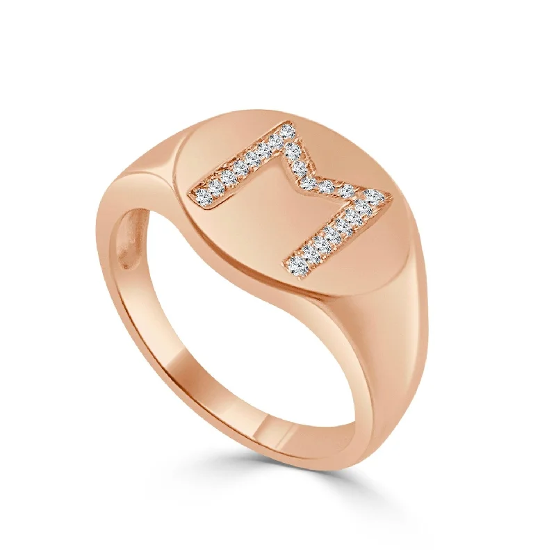 classic rings for women -Signet Ring Diamond Initial M 1/10 ct TDW 14k Gold by Joelle Jewelry