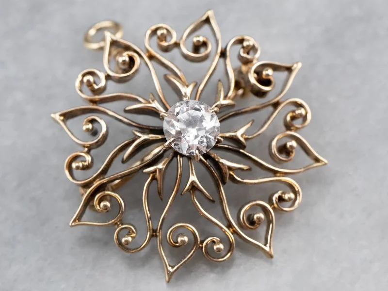 chic animal brooches -Antique White Sapphire Gold Filigree Brooch Pendant