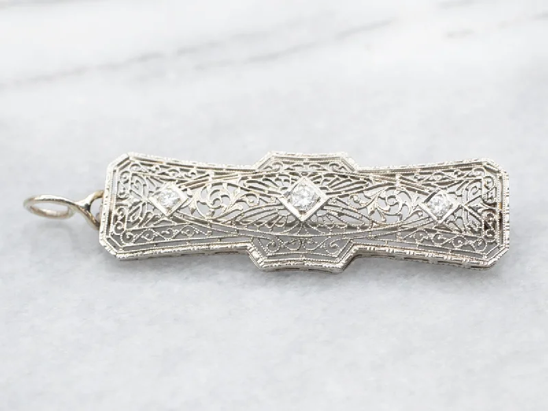 rhinestone brooches for women -White Gold Art Deco European Cut Diamond Filigree Brooch or Pendant