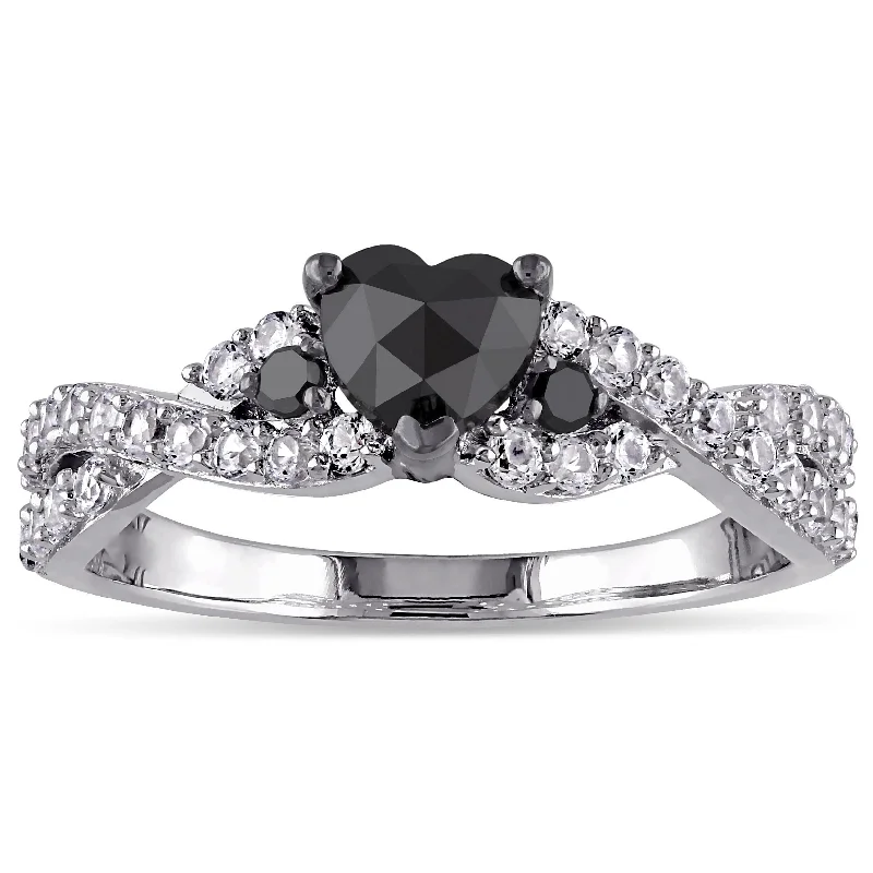 luxury rings for women -Miadora Sterling Silver Created White Sapphire 3/5ct TDW Black Diamond Crossover Heart Ring