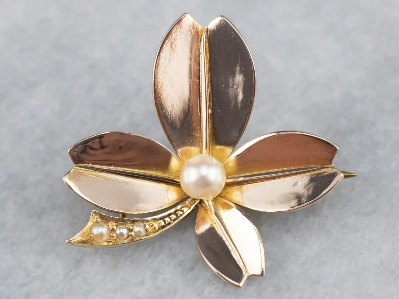 classic brooches for women -14K Yellow Gold Antique Pearl and Seed Pearl Clover Brooch