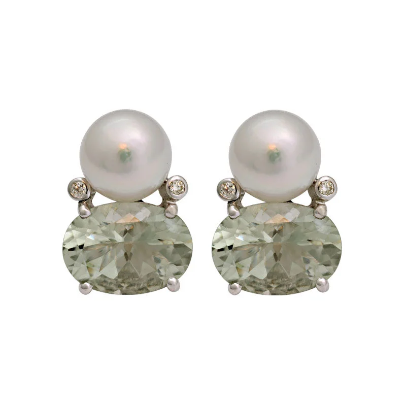 long earrings for women -Earrings-Green Quartz, South Sea Pearl and Diamond