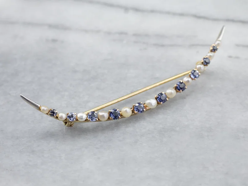 simple brooches for women -Crescent Moon Sapphire and Pearl Brooch