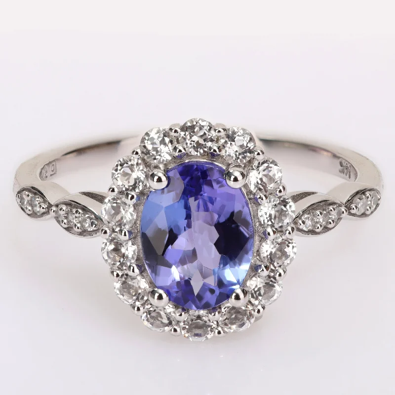 luxury diamond wedding rings -Miadora 14k White Gold Oval-cut Tanzanite, White Topaz and Diamond Accent Halo Cocktail Ring