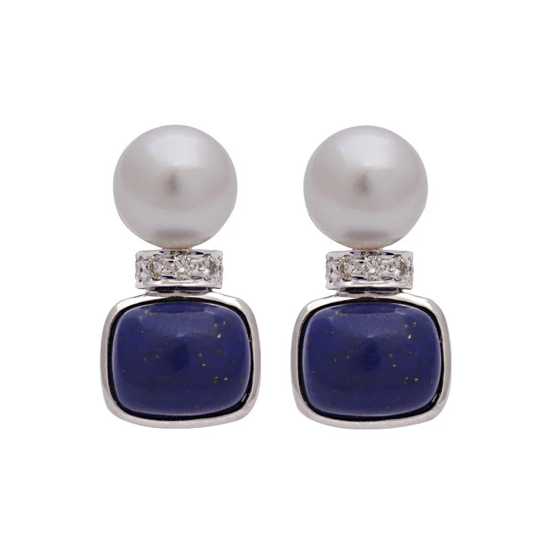 bridal earrings for women -Earrings-Lapis Lazuli, South Sea Pearl and Diamond