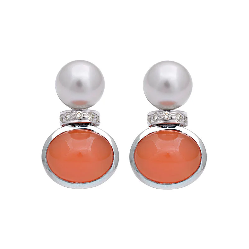 unique earrings for women -Earrings-Cornelian, South Sea Pearl and Diamond