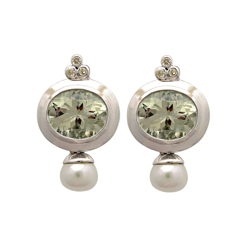 fashion earrings for women -Earrings-Green Quartz, Fresh Water Pearl and Diamond