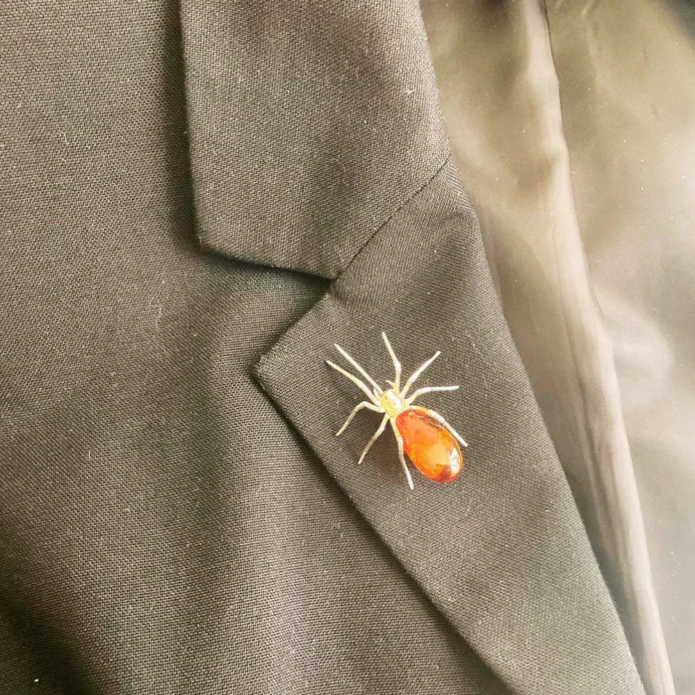 chic brooches for women -Sterling Silver Spider and Amber Brooch